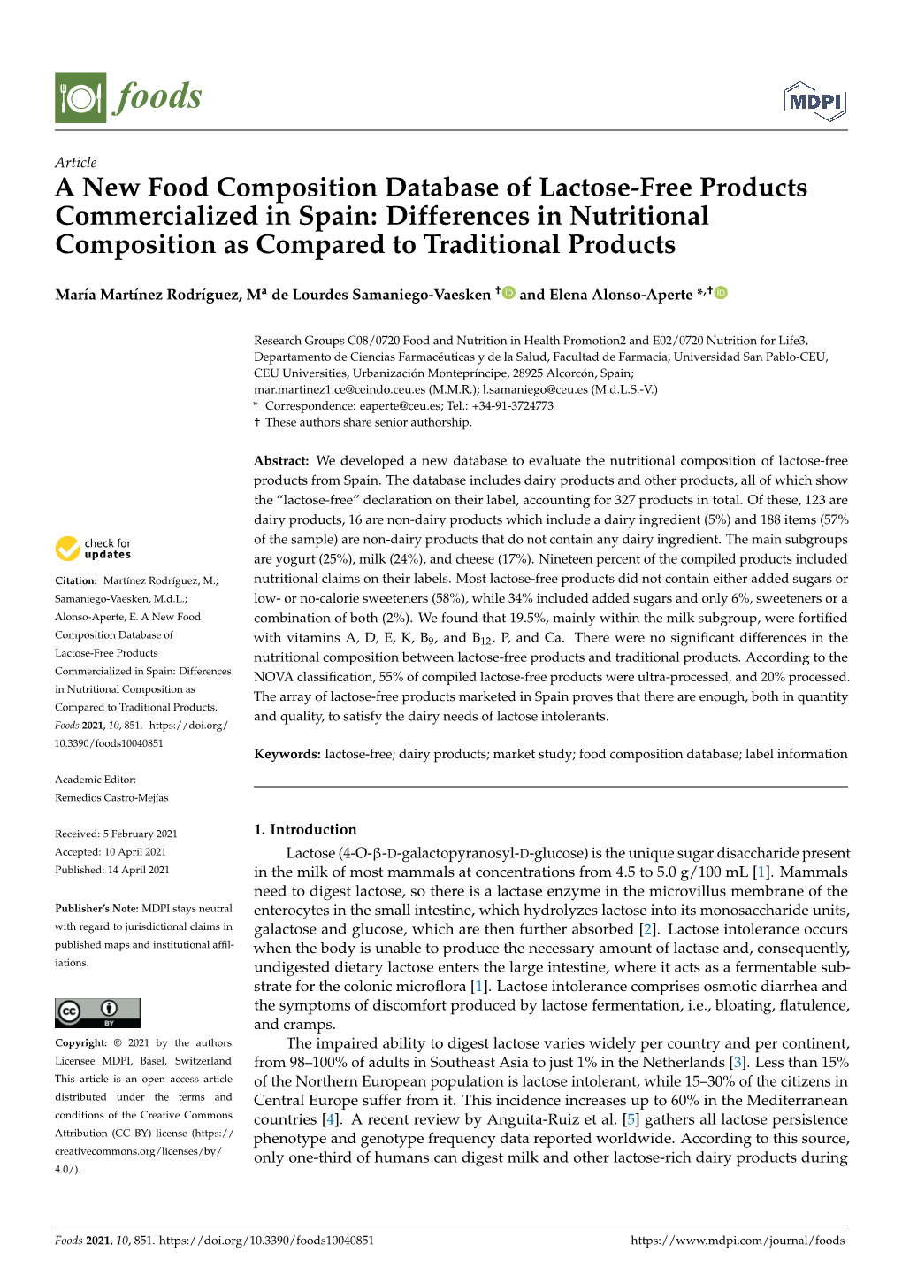 A New Food Composition Database of Lactose-Free Products Commercialized in Spain: Differences in Nutritional Composition As Compared to Traditional Products