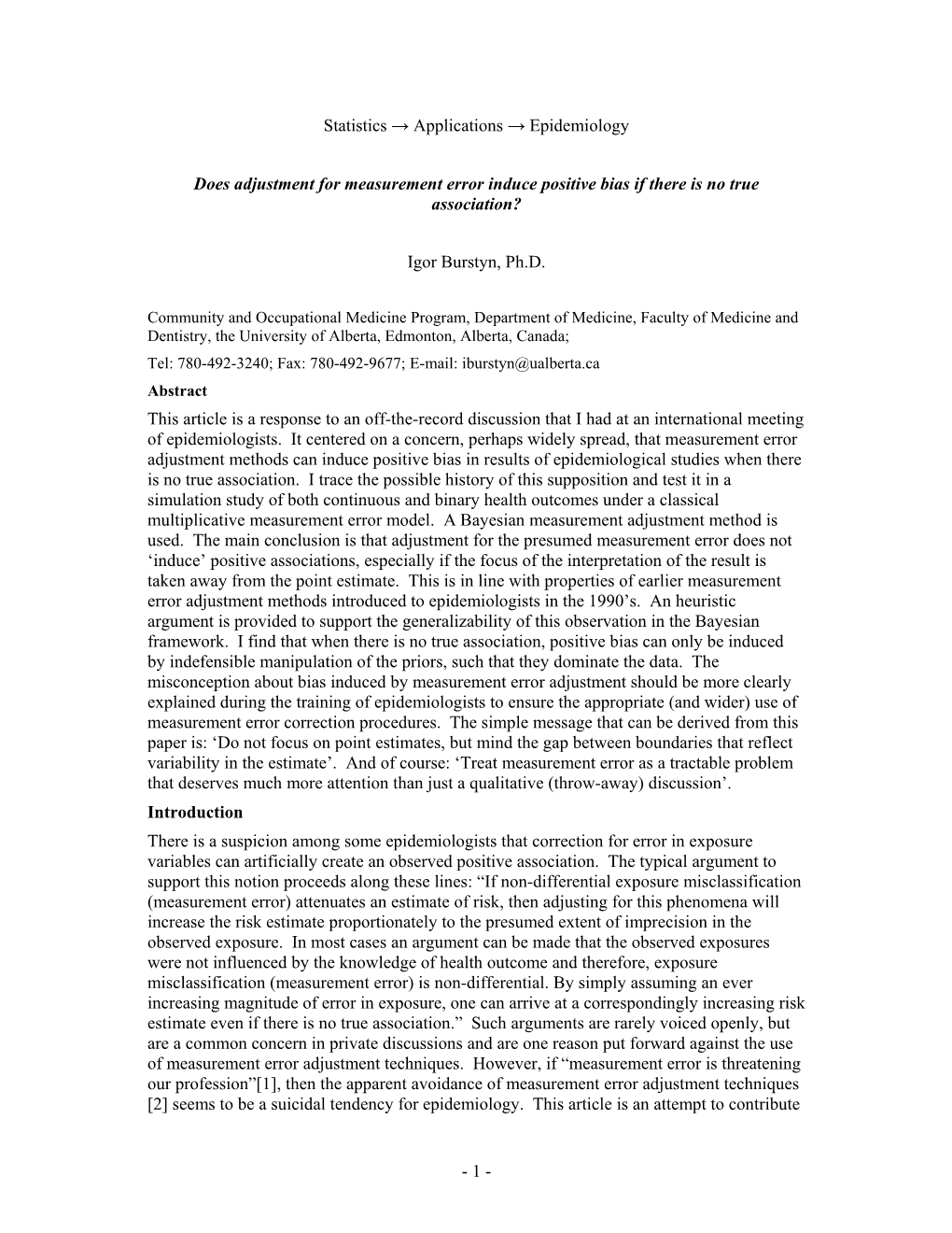 1 - to Overcoming the Reluctance of Epidemiologists to Explicitly Tackle the Measurement Error Problem