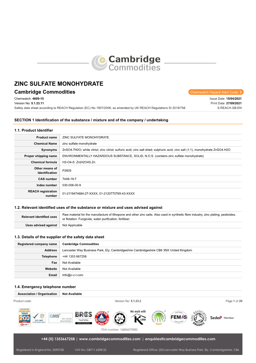 Zinc Sulfate Monohydrate