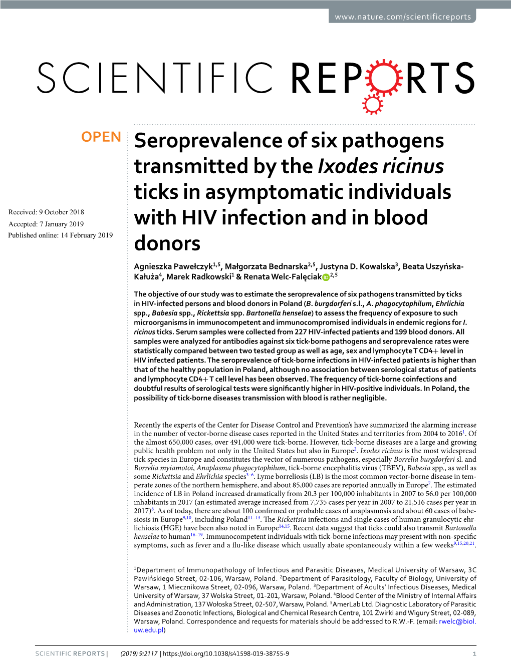 Seroprevalence of Six Pathogens Transmitted by the Ixodes Ricinus