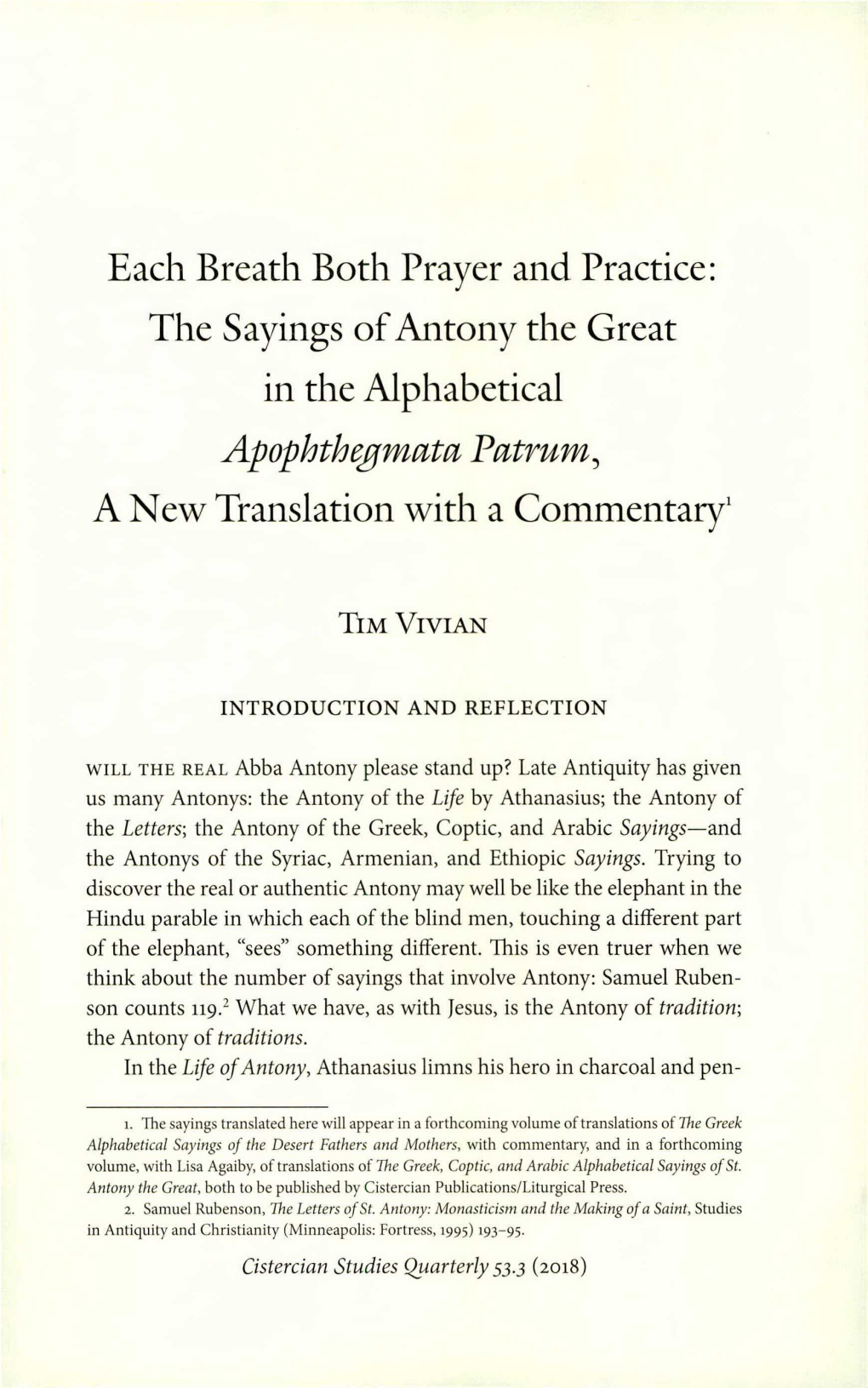 The Sayings of Antony the Great in the Alphabetical Apophthegmata