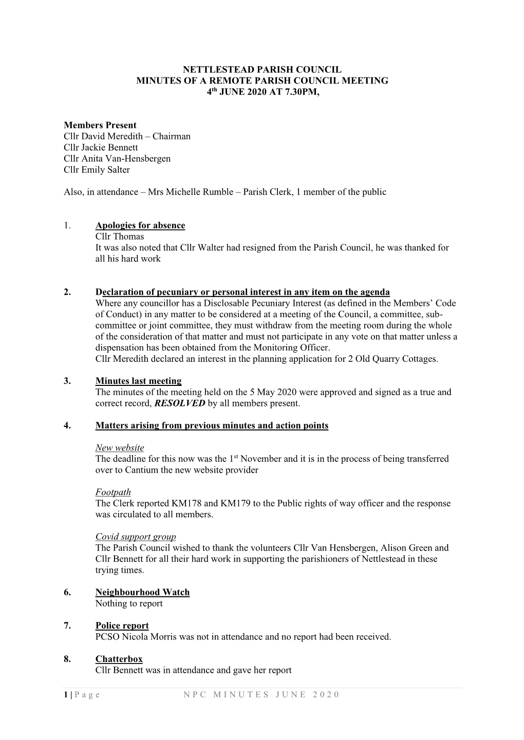 NETTLESTEAD PARISH COUNCIL MINUTES of a REMOTE PARISH COUNCIL MEETING 4Th JUNE 2020 at 7.30PM