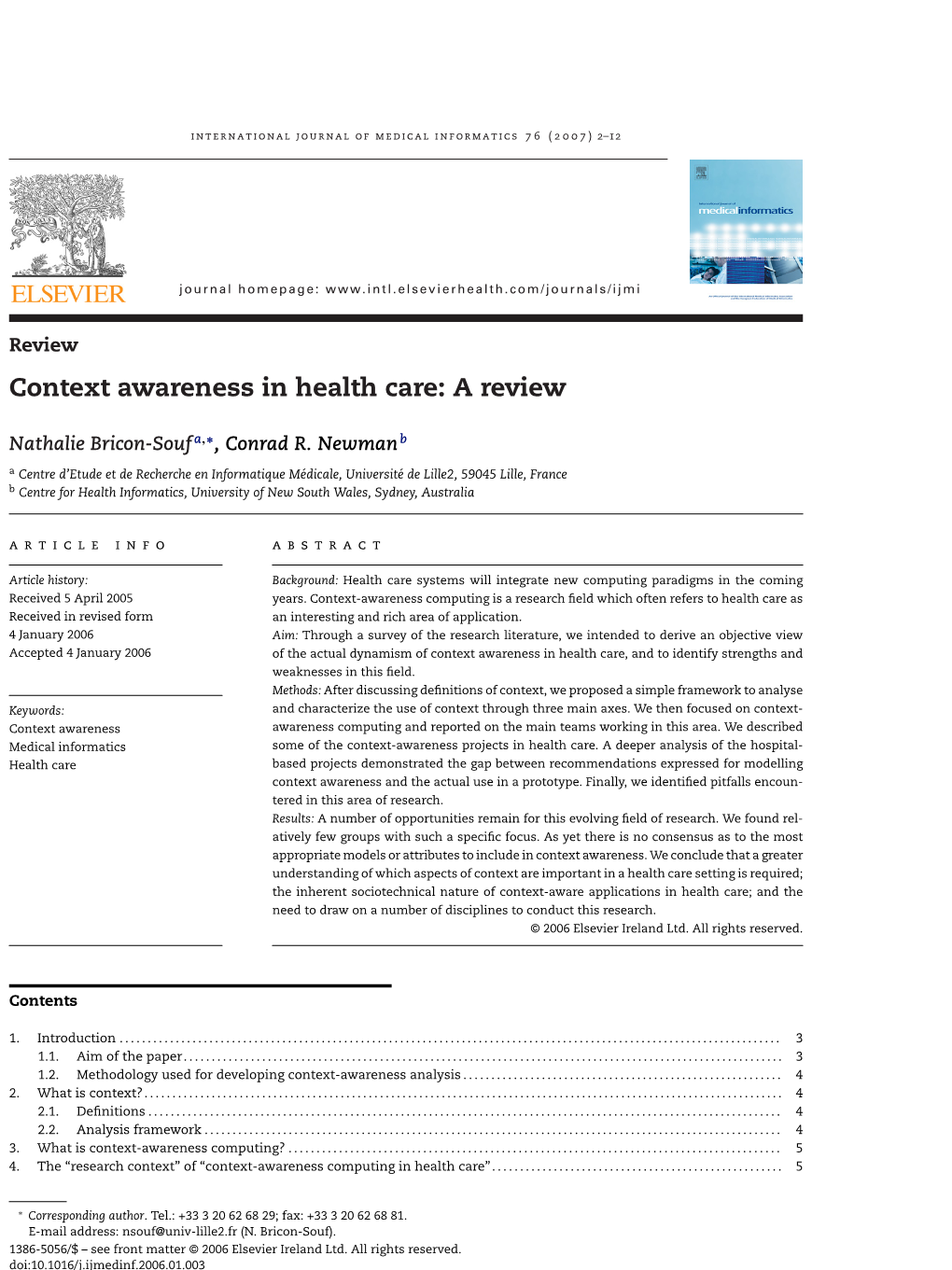 Context Awareness in Health Care: a Review