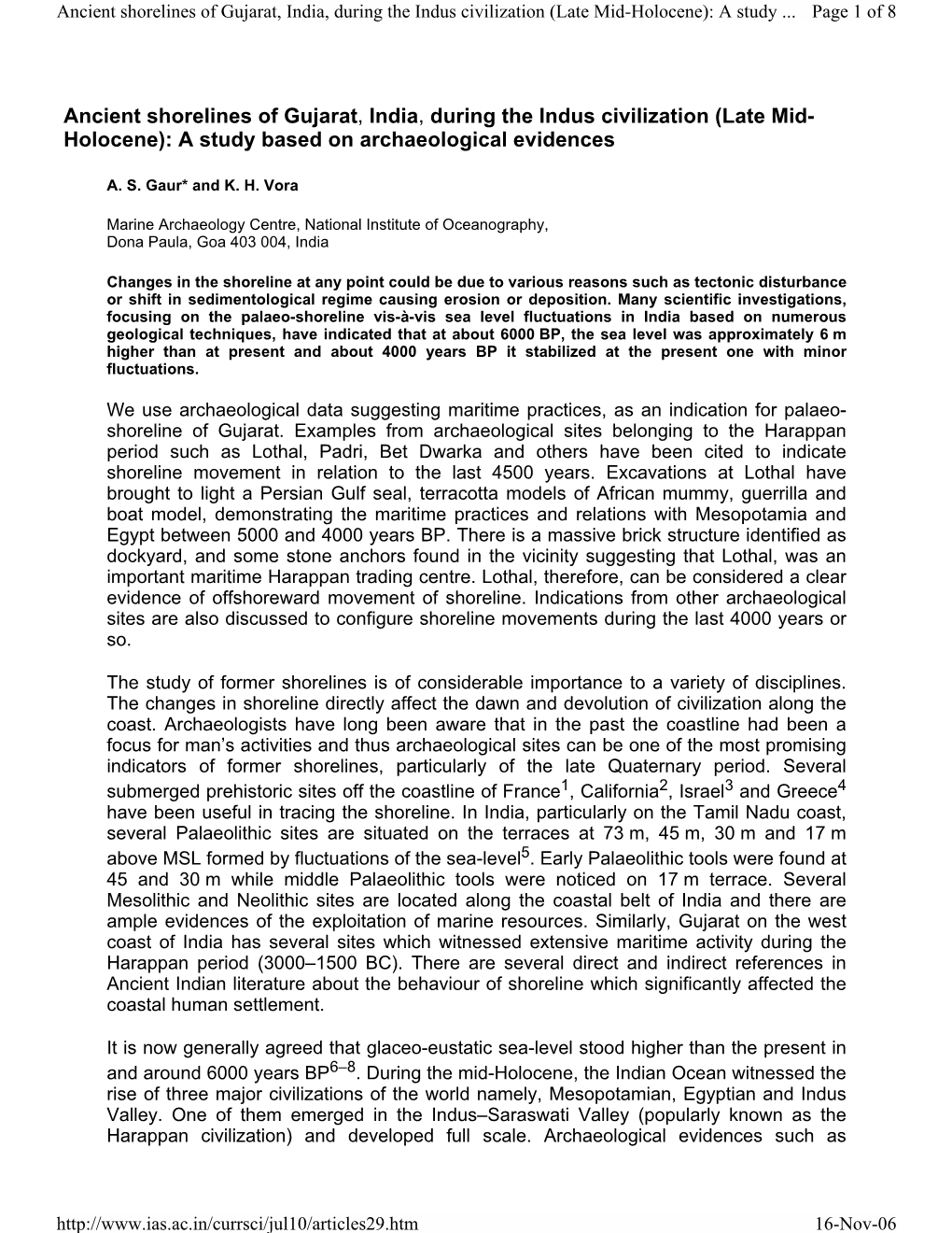 Ancient Shorelines of Gujarat, India, During the Indus Civilization (Late Mid-Holocene): a Study