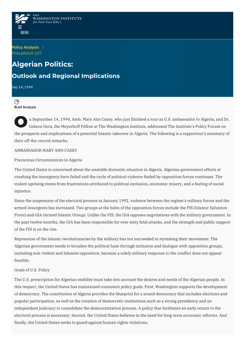 Algerian Politics: Outlook and Regional Implications