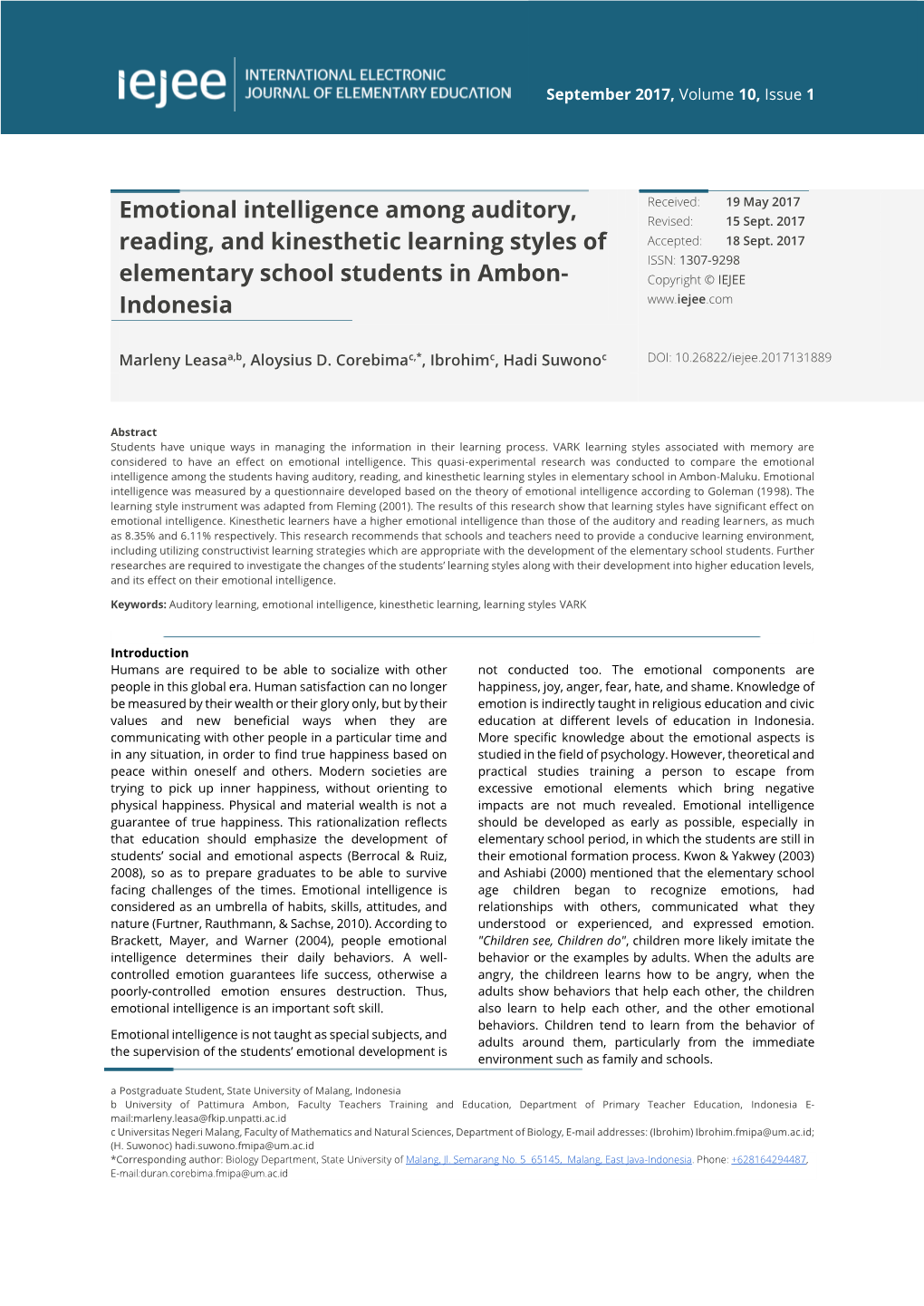 Emotional Intelligence Among Auditory, Reading, and Kinesthetic Learning Styles / Leasa, Corebima, Ibrohim & Suwono