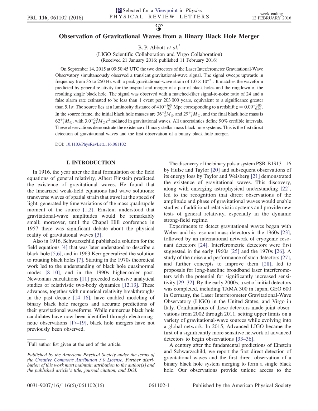 Observation of Gravitational Waves from a Binary Black Hole Merger B