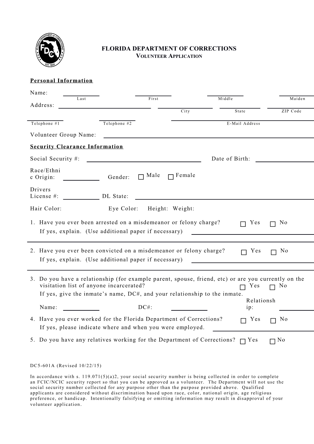 DC5-601A Volunteer Application (Revised 10/22/15)