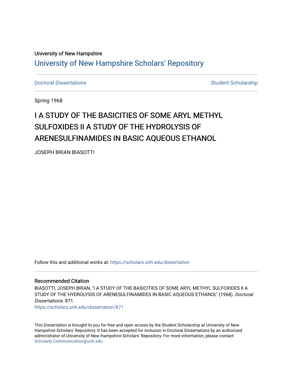 I a Study of the Basicities of Some Aryl Methyl Sulfoxides Ii a Study of the Hydrolysis of Arenesulfinamides in Basic Aqueous Ethanol