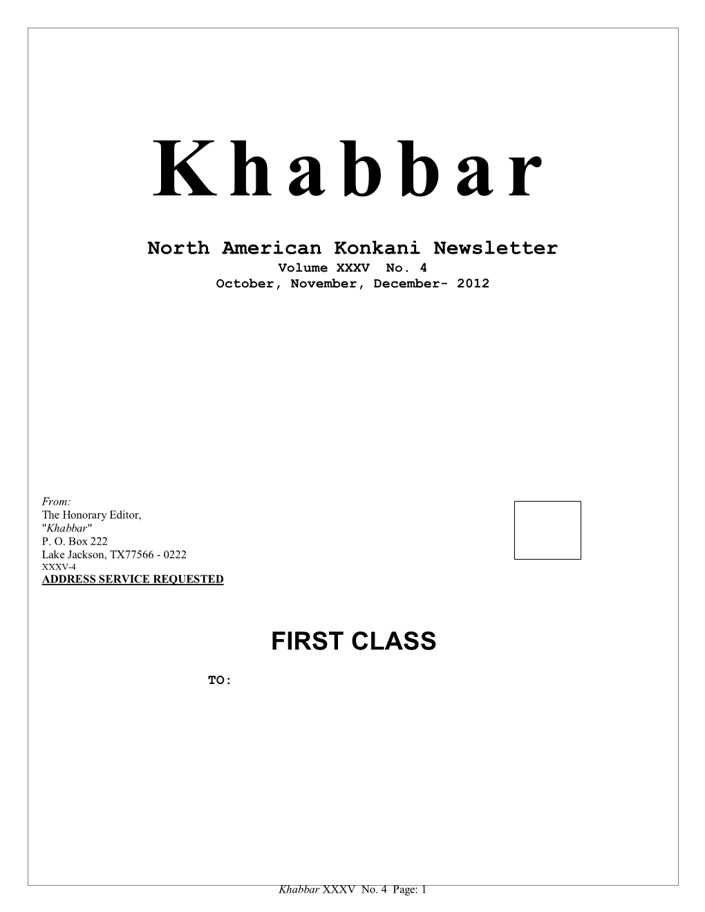 Khabbar Vol. XXXV No. 4 (October, November, December