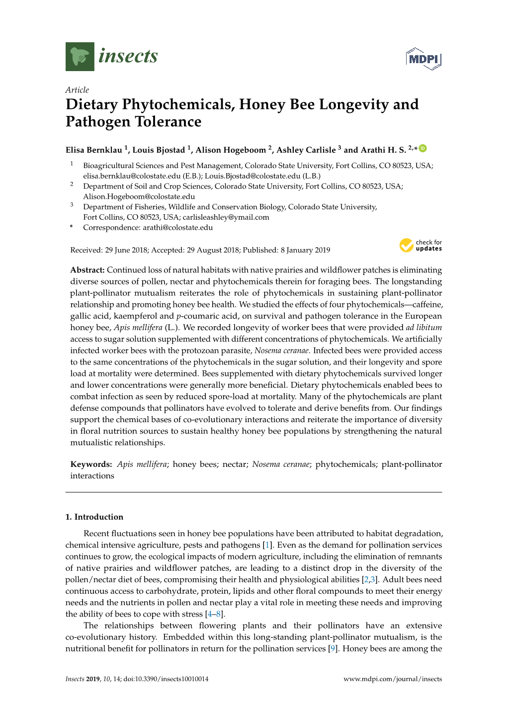 Dietary Phytochemicals, Honey Bee Longevity and Pathogen Tolerance