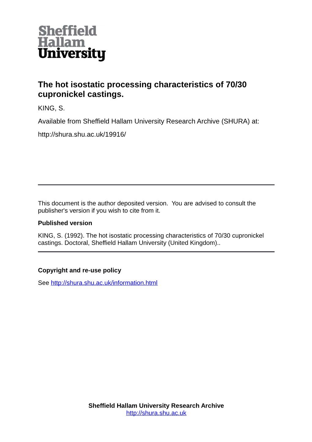 The Hot Isostatic Processing Characteristics of 70/30 Cupronickel Castings. KING, S