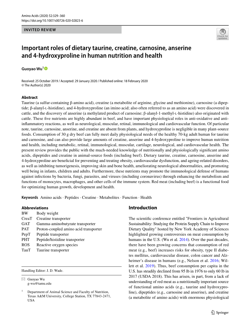 Important Roles of Dietary Taurine, Creatine, Carnosine, Anserine and 4‑Hydroxyproline in Human Nutrition and Health