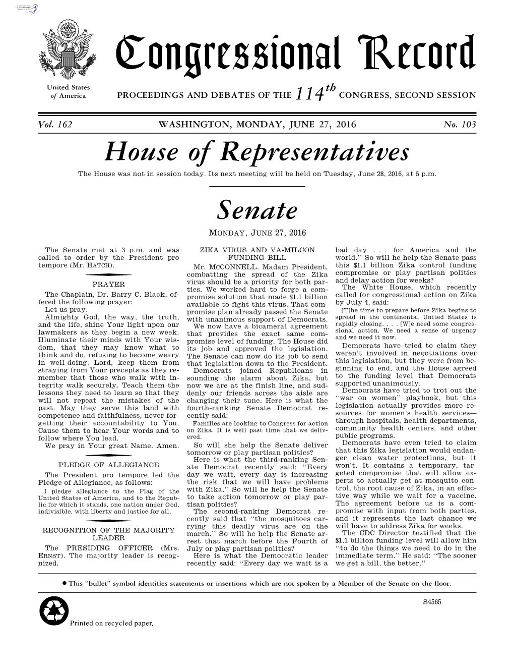 Congressional Record United States Th of America PROCEEDINGS and DEBATES of the 114 CONGRESS, SECOND SESSION