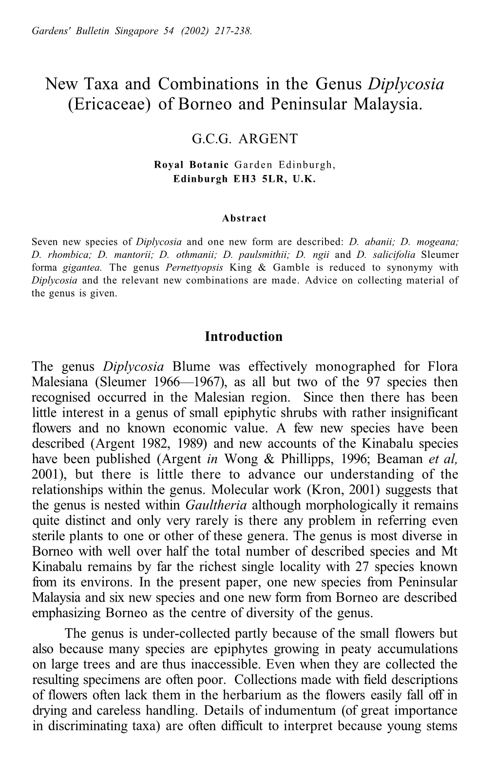 New Taxa and Combinations in the Genus Diplycosia (Ericaceae) of Borneo and Peninsular Malaysia