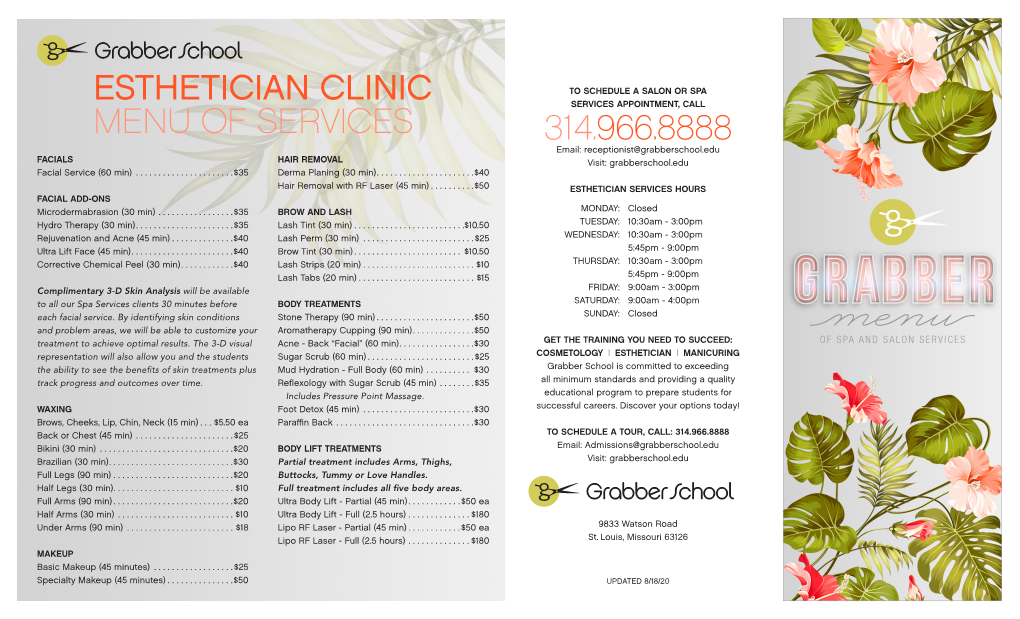 314.966.8888 Esthetician Clinic Menu of Services