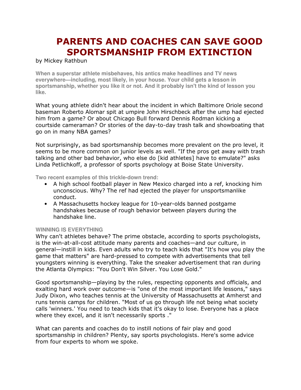 PARENTS and COACHES CAN SAVE GOOD SPORTSMANSHIP from EXTINCTION by Mickey Rathbun