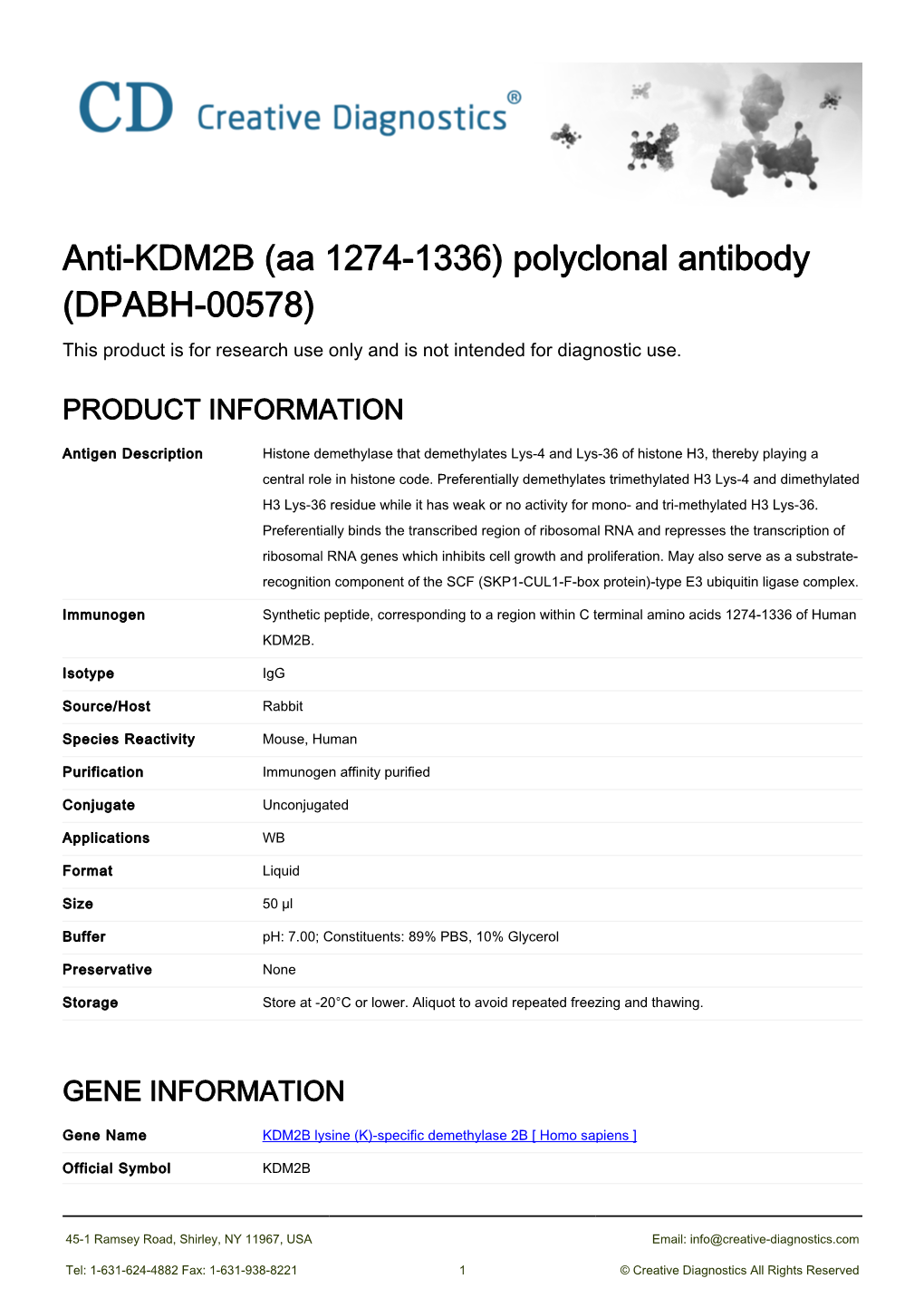 Anti-KDM2B (Aa 1274-1336) Polyclonal Antibody (DPABH-00578) This Product Is for Research Use Only and Is Not Intended for Diagnostic Use