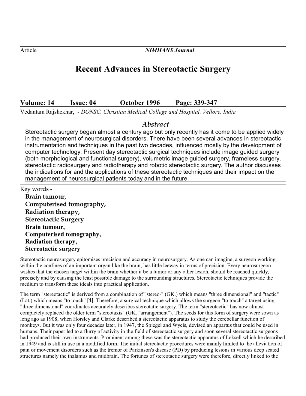 Recent Advances in Stereotactic Surgery