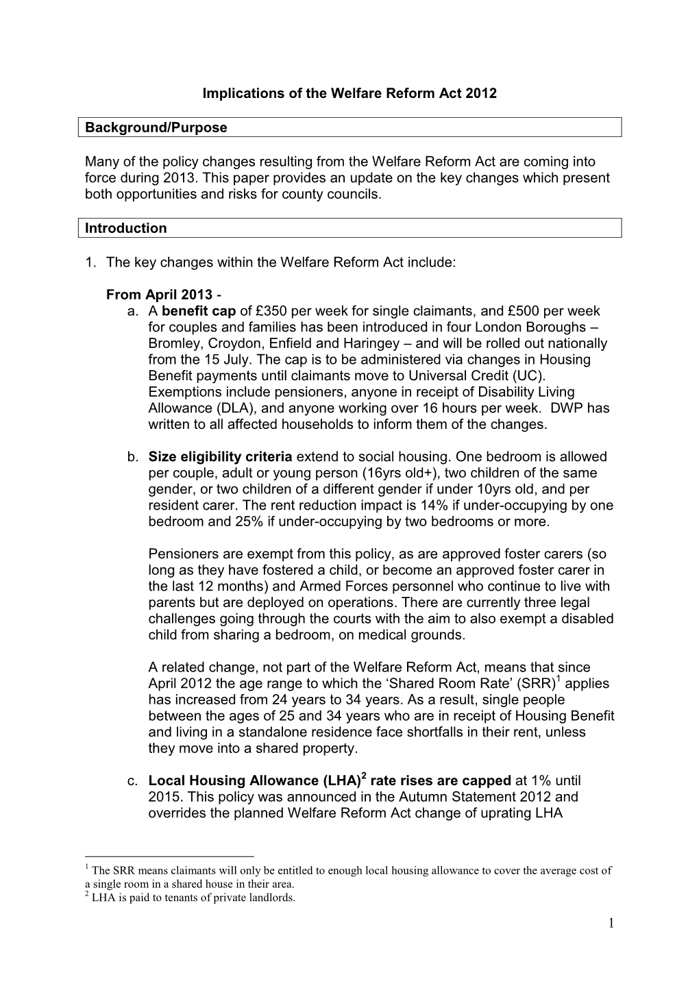 Implications of the Welfare Reform Act 2012