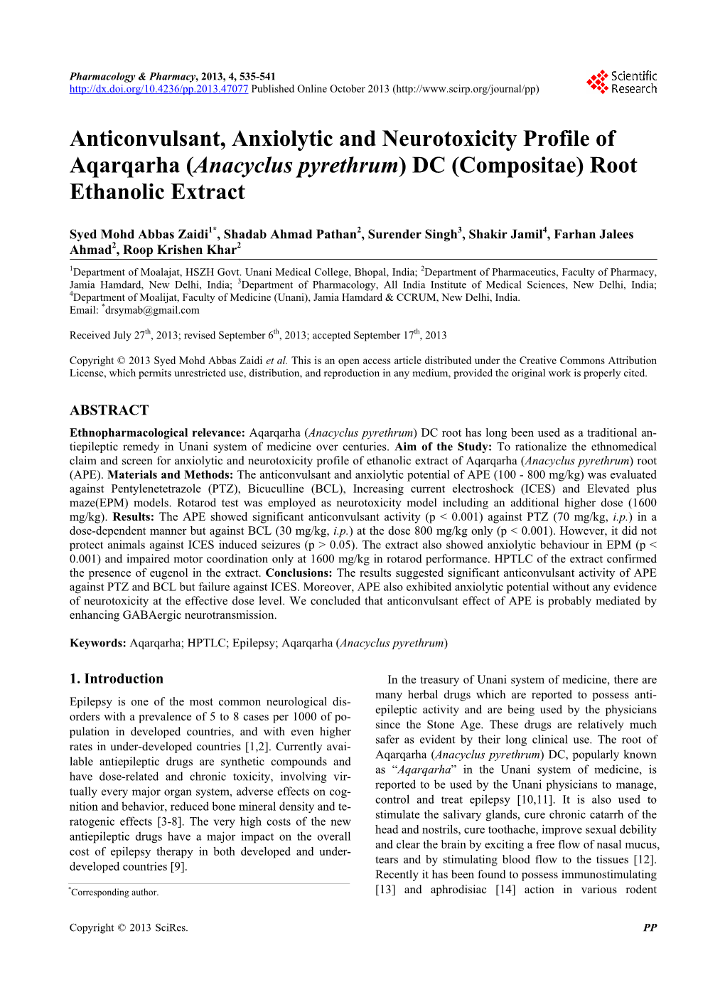 Anacyclus Pyrethrum) DC (Compositae) Root Ethanolic Extract