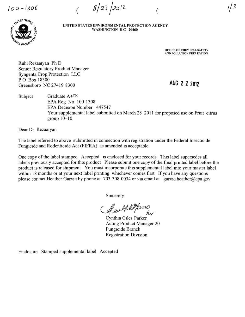 US EPA, Pesticide Product Label, GRADUATE A+, 08/22/2012