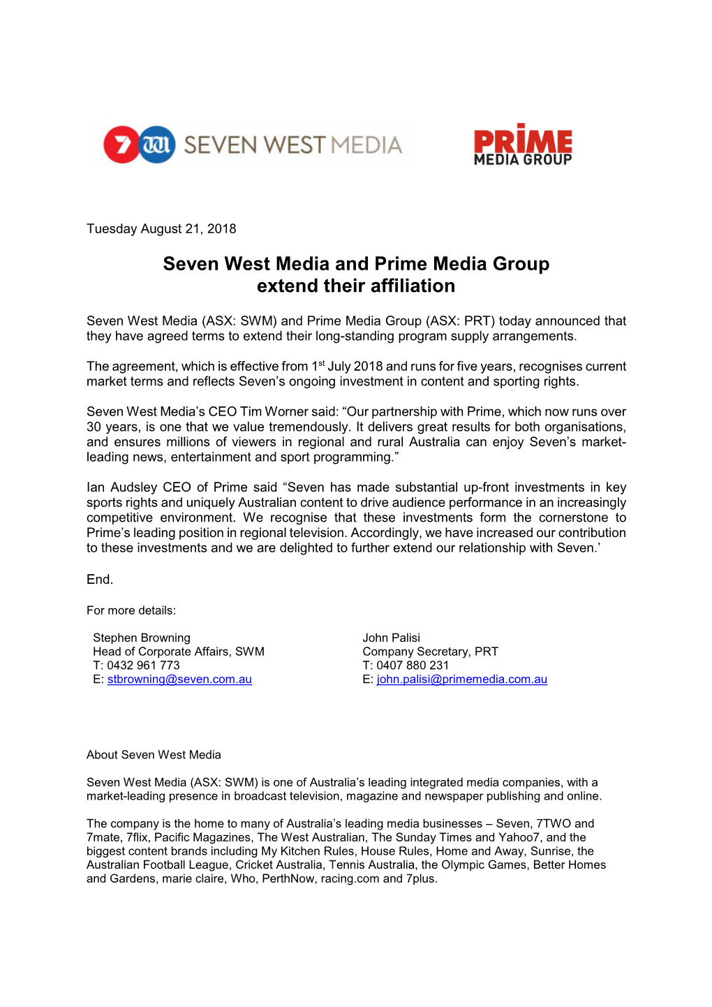 Seven West Media and Prime Media Group Extend Their Affiliation