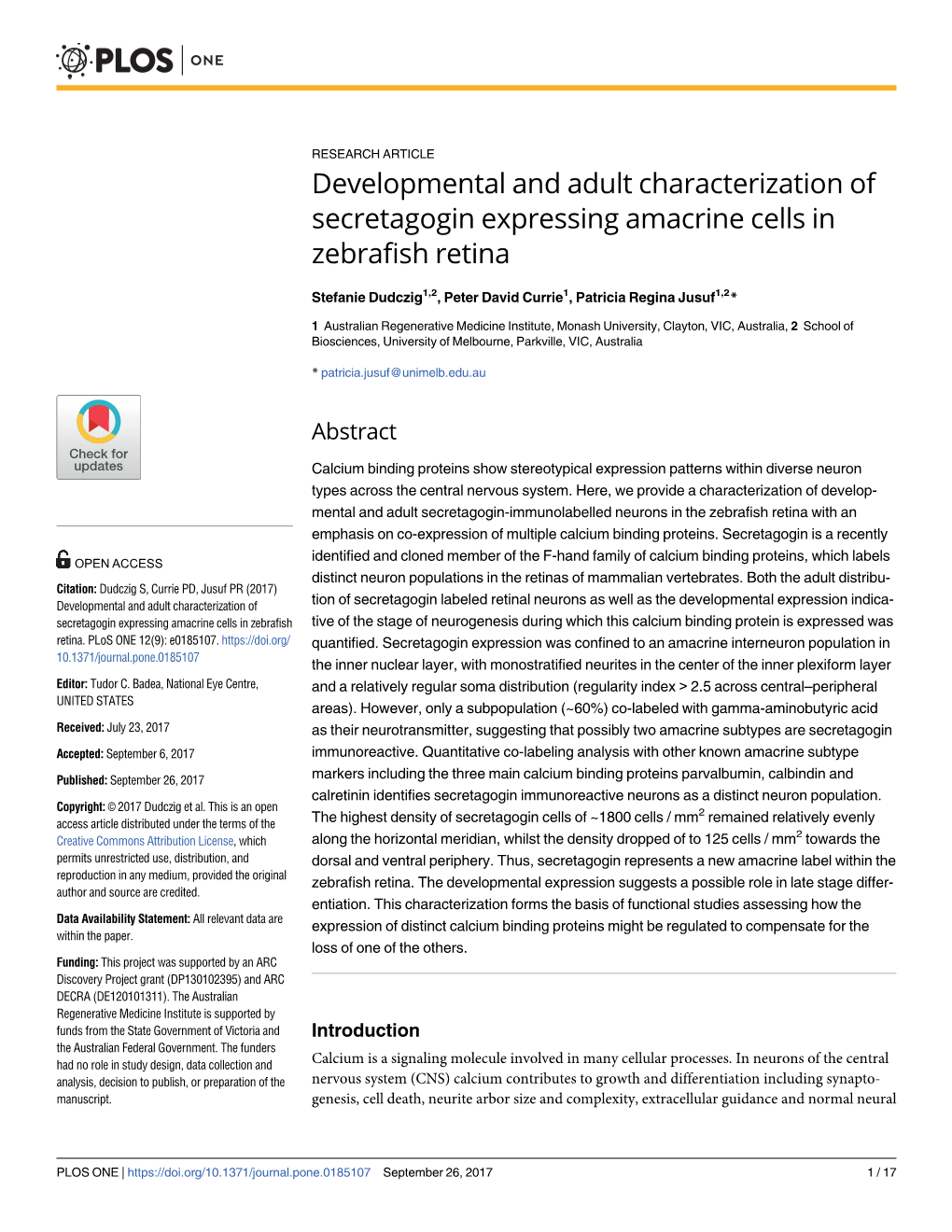 Developmental and Adult Characterization of Secretagogin Expressing Amacrine Cells in Zebrafish Retina