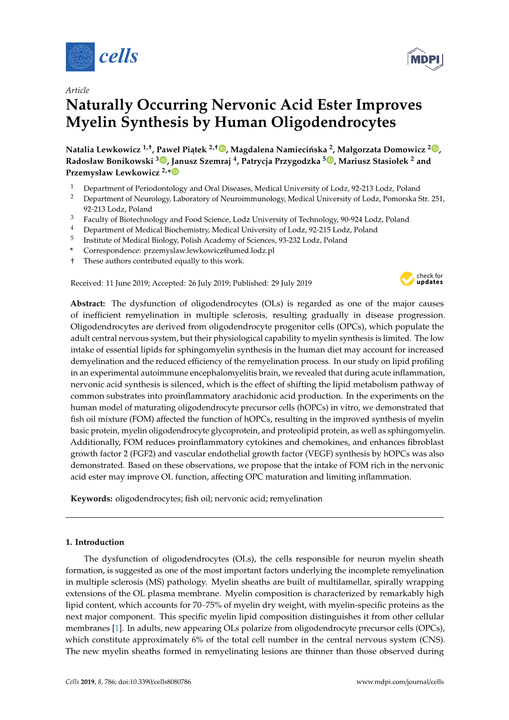 Naturally Occurring Nervonic Acid Ester Improves Myelin Synthesis by Human Oligodendrocytes