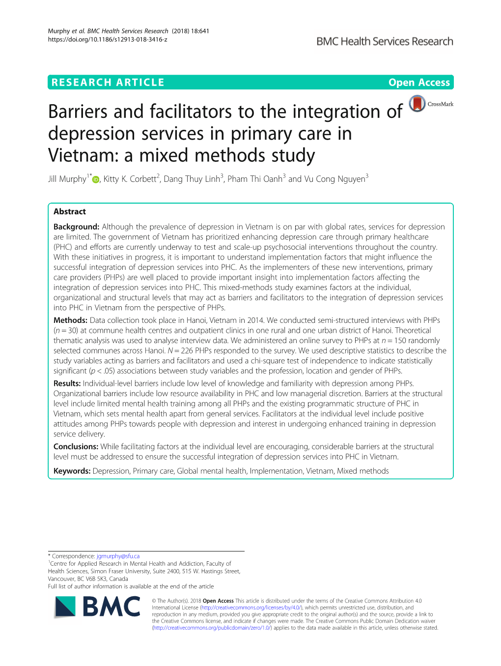 Barriers and Facilitators to the Integration of Depression Services in Primary Care in Vietnam: a Mixed Methods Study Jill Murphy1* , Kitty K