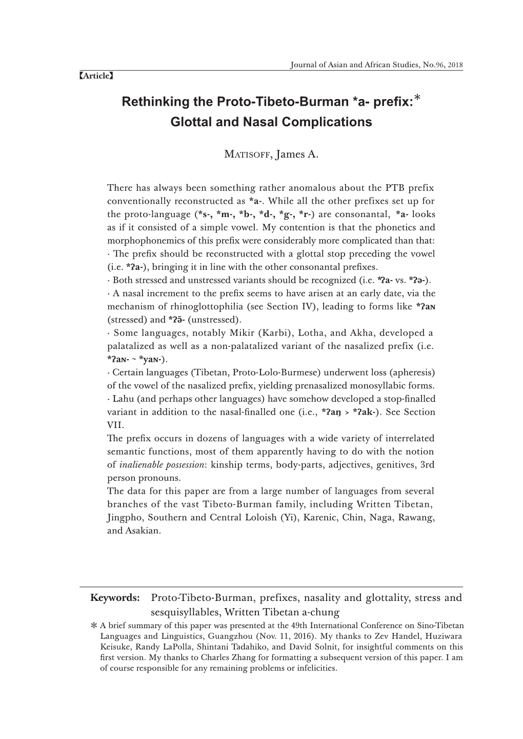 Rethinking the Proto-Tibeto-Burman *A- Prefix: Glottal and Nasal Complications 31