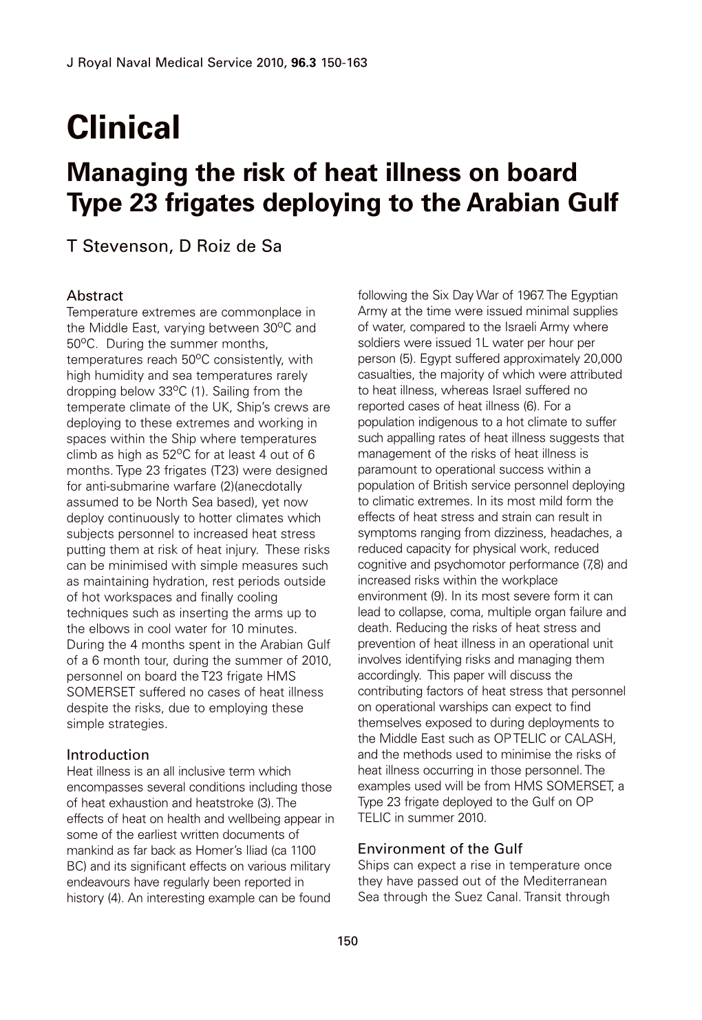 Managing the Risk of Heat Illness on Board Type 23 Frigates Deploying to the Arabian Gulf