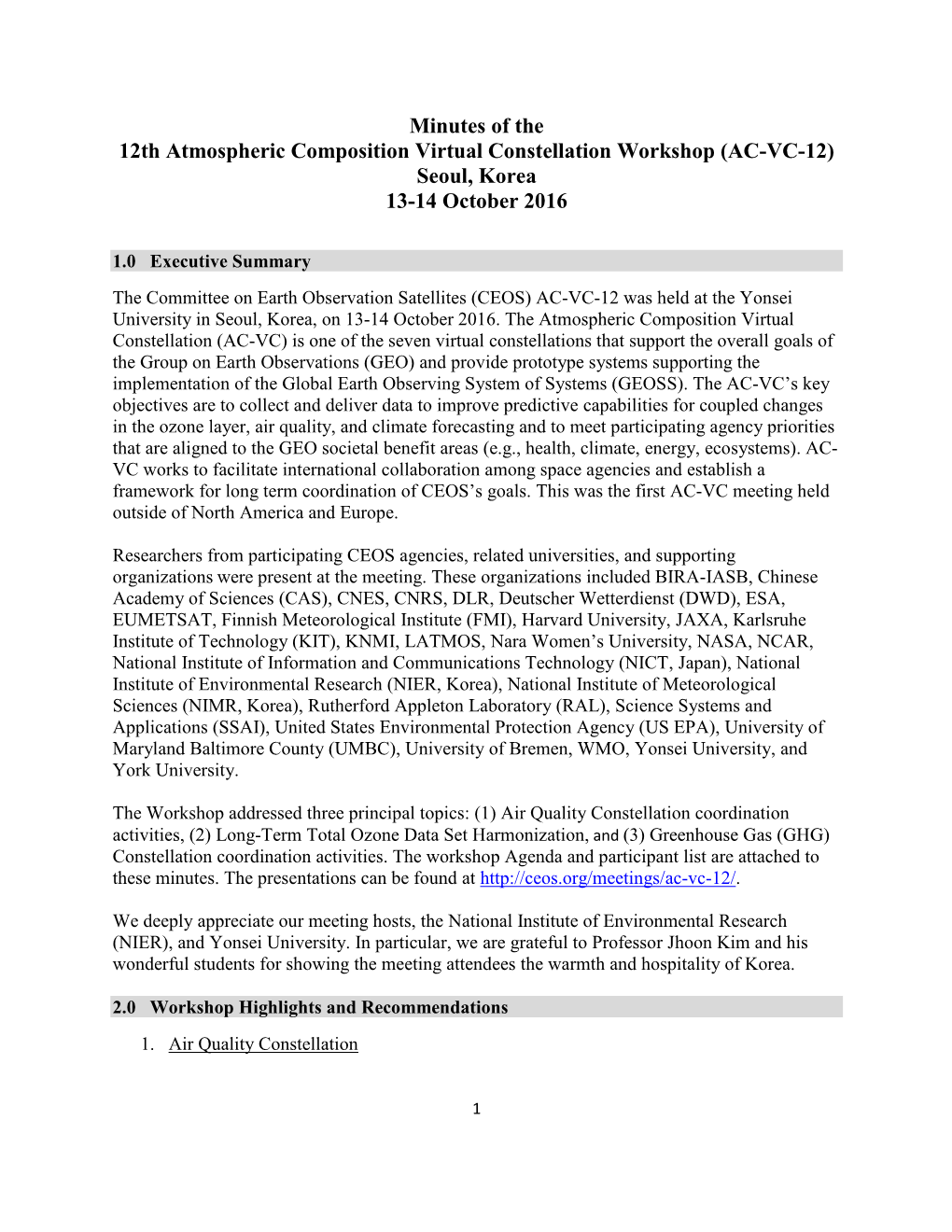 Minutes of the 12Th Atmospheric Composition Virtual Constellation Workshop (AC-VC-12) Seoul, Korea 13-14 October 2016