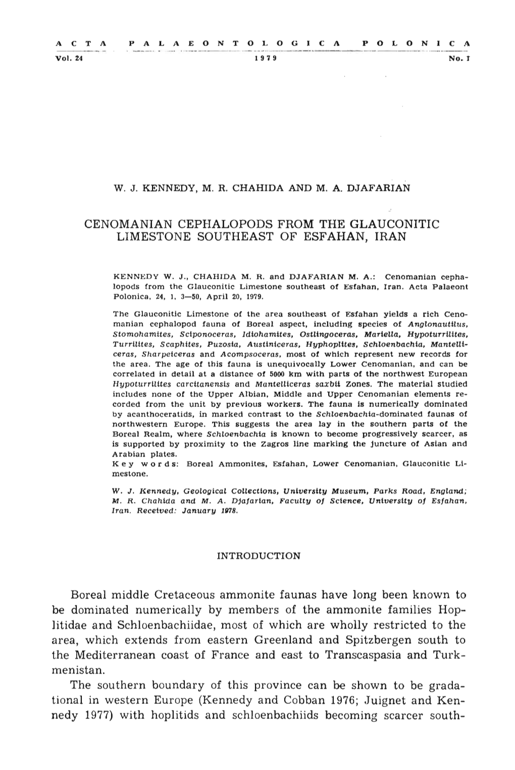 CENOMANIAN CEPHALOPODS from the GLAUCONITIC LIMESTONE SOUTHEAST of ESFAHAN, IRAN Boreal Middle Cretaceous Ammonite Faunas Have L