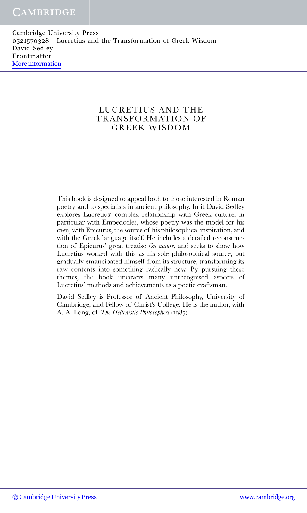 Lucretius and the Transformation of Greek Wisdom David Sedley Frontmatter More Information