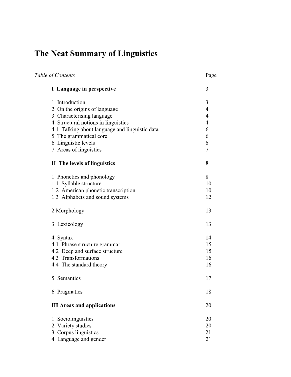 The Neat Summary of Linguistics