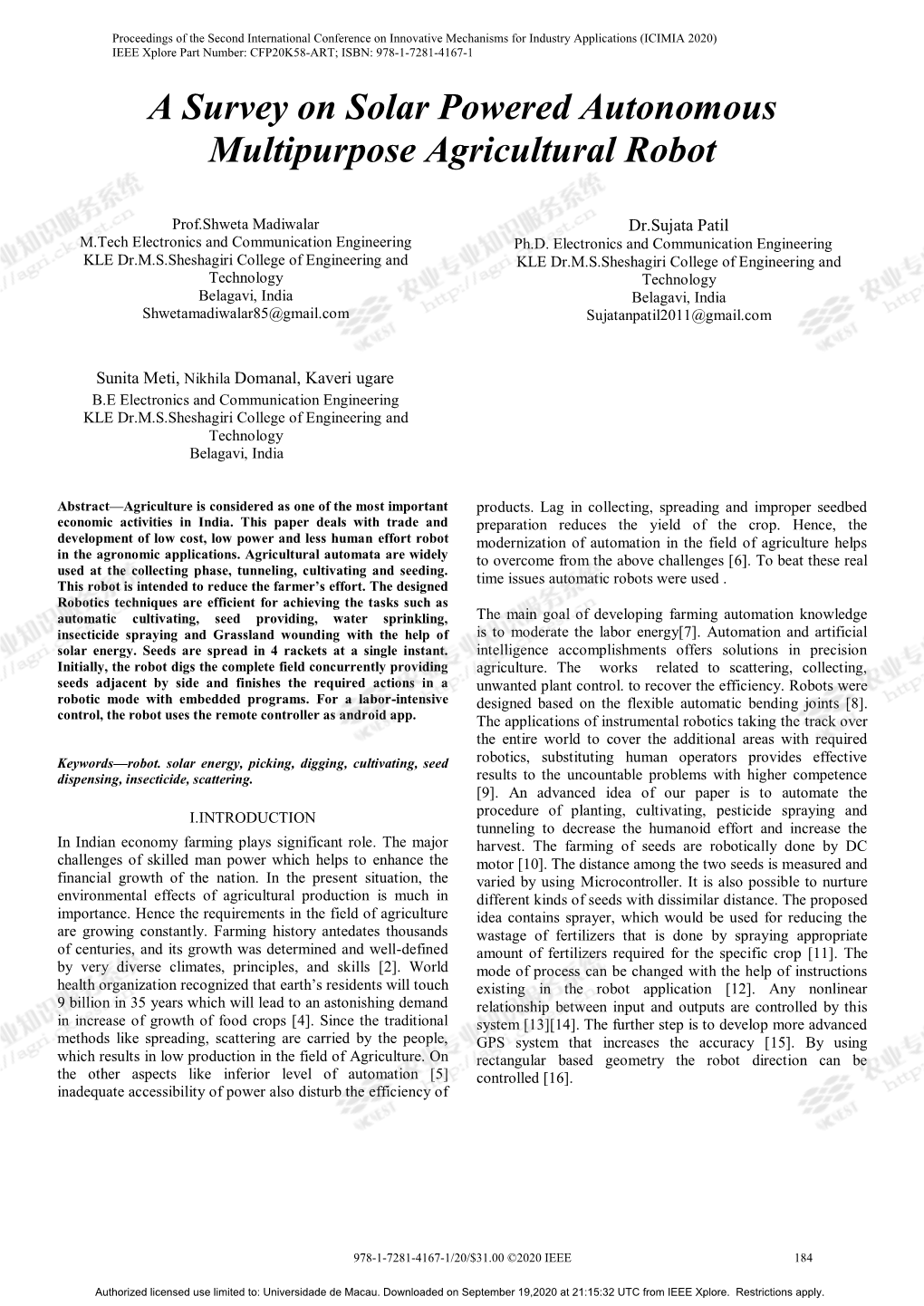 A Survey on Solar Powered Autonomous Multipurpose Agricultural Robot