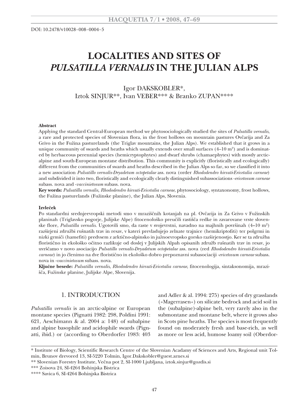 Localities and Sites of Pulsatilla Vernalis in the Julian Alps