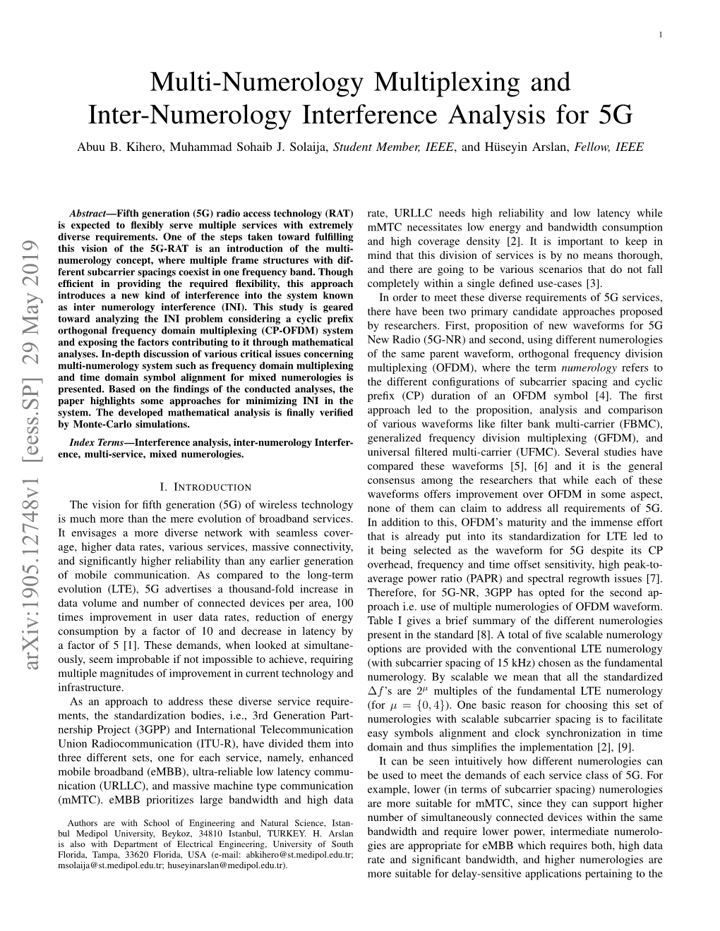 Multi-Numerology Multiplexing and Inter-Numerology Interference Analysis for 5G Abuu B