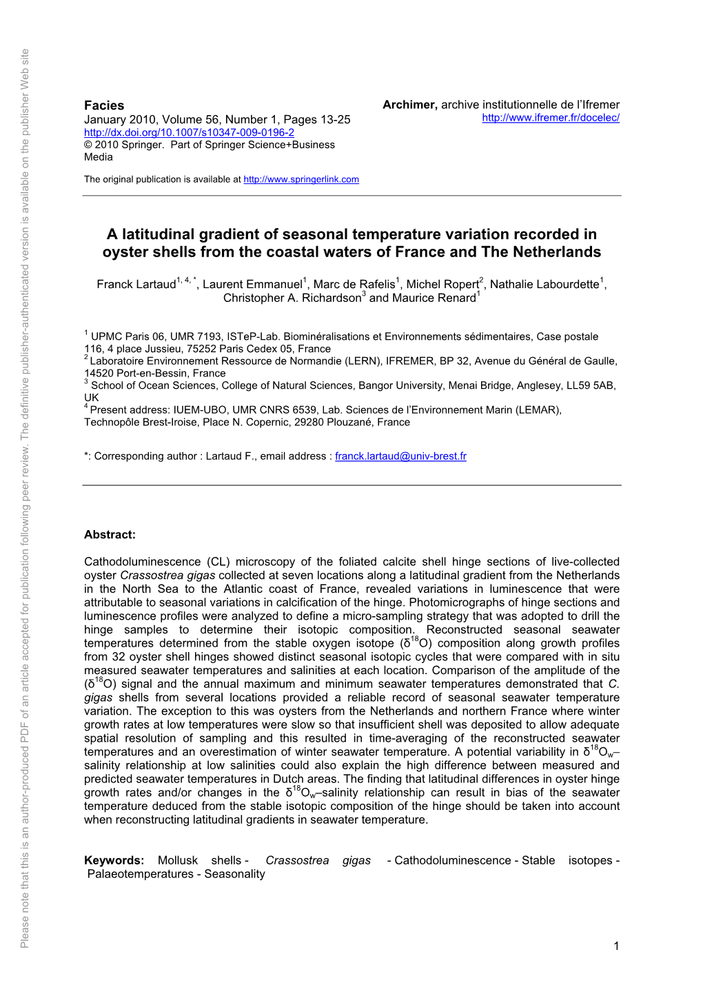 A Latitudinal Gradient of Seasonal Temperature Variation Recorded in Oyster Shells from the Coastal Waters of France and The