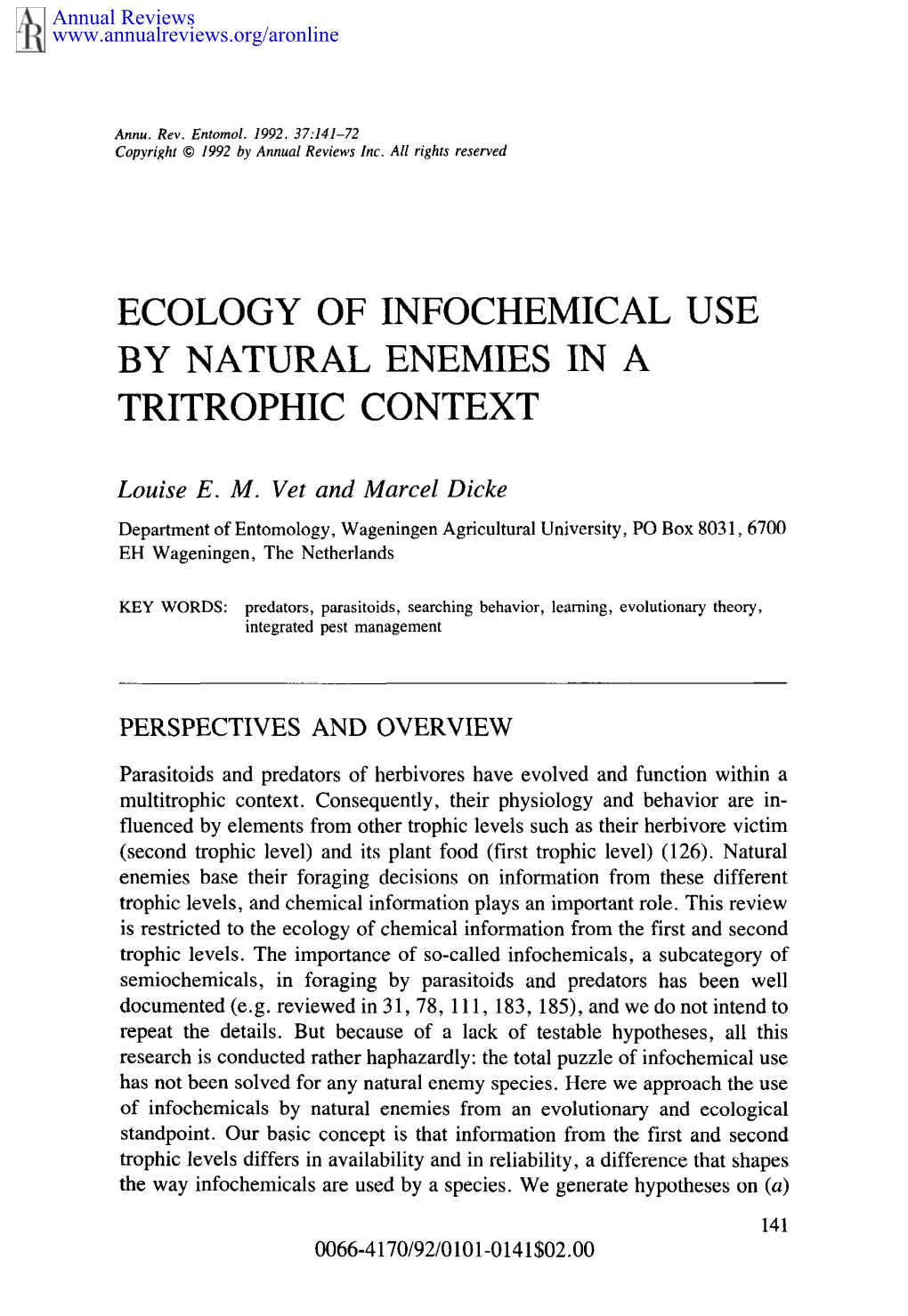 Ecology of Infochemical by Natural Enemies in A