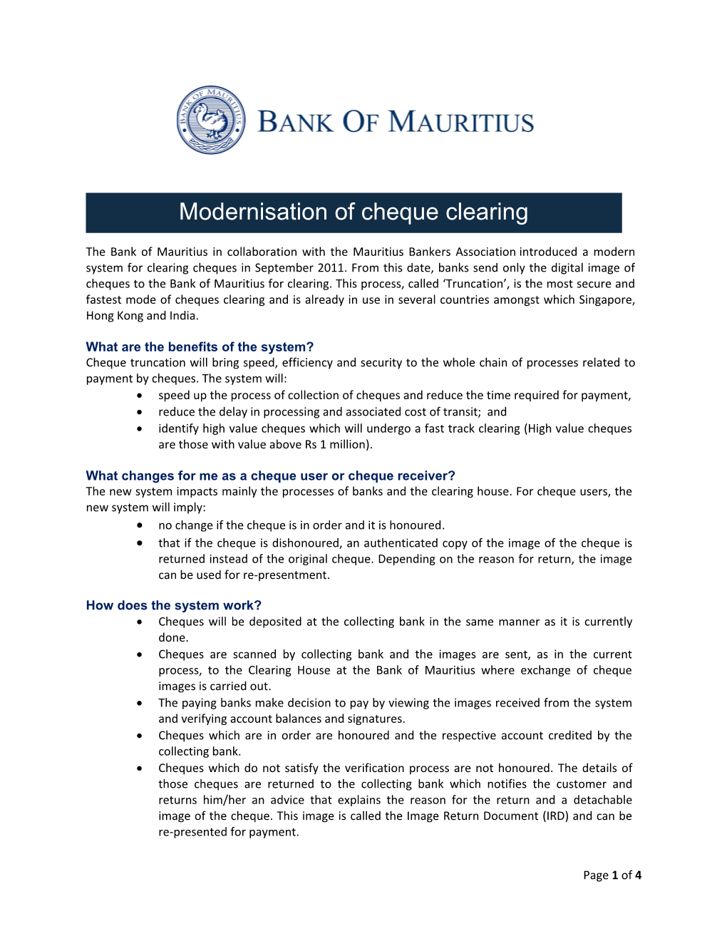 Modernisation of Cheque Clearing