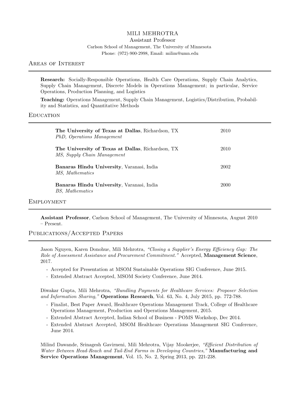 Areas of Interest Education Employment Publications/Accepted