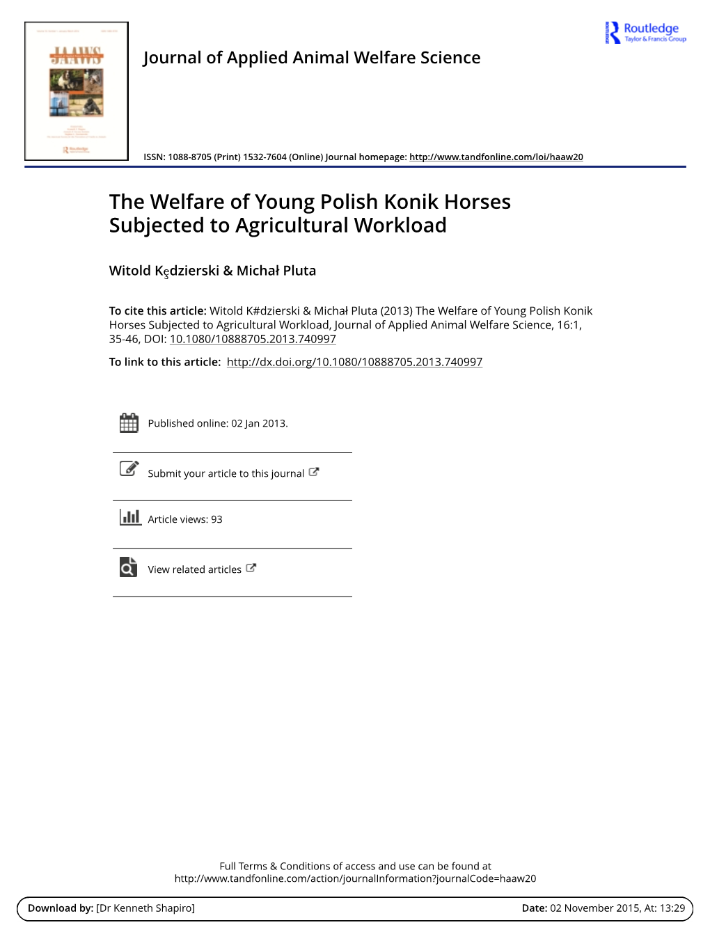 The Welfare of Young Polish Konik Horses Subjected to Agricultural Workload