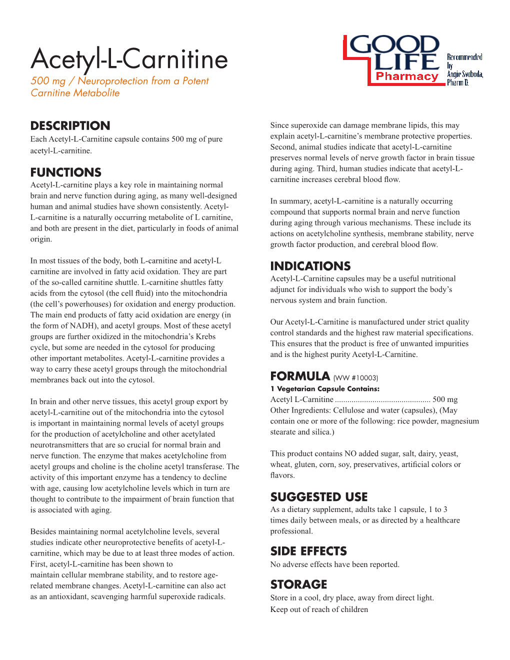 Acetyl-L-Carnitine 500 Mg / Neuroprotection from a Potent Carnitine Metabolite