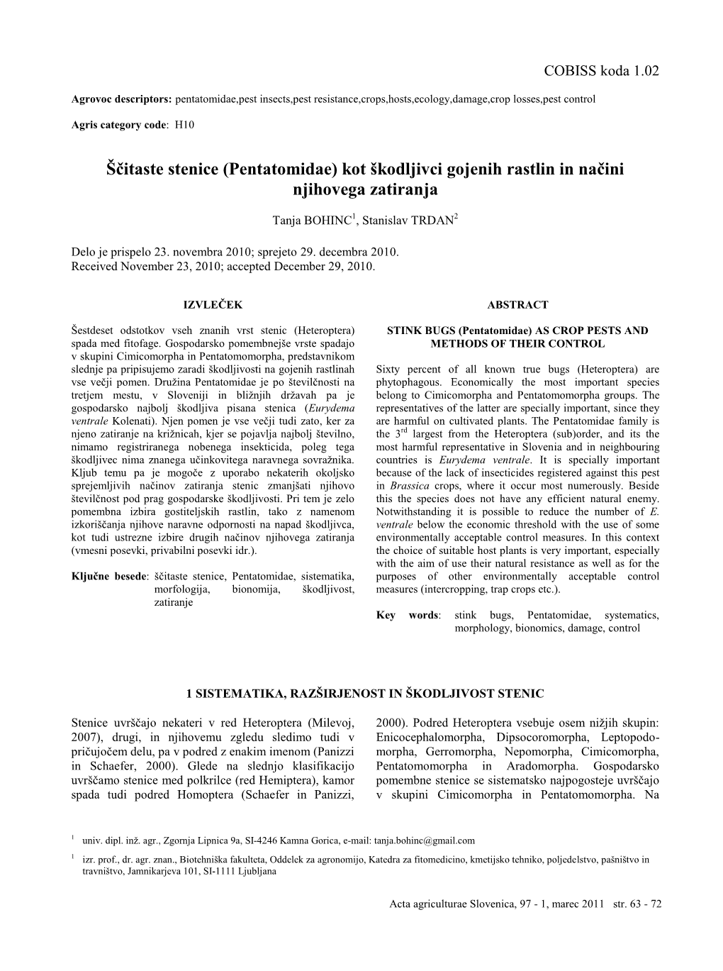 Ščitaste Stenice (Pentatomidae) Kot Škodljivci Gojenih Rastlin in Načini Njihovega Zatiranja