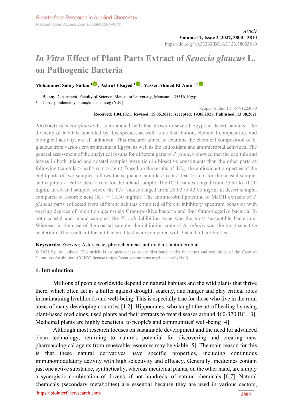 In Vitro Effect of Plant Parts Extract of Senecio Glaucus L. on Pathogenic Bacteria