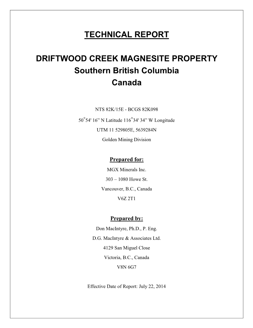 Technical Report Driftwood Creek Magnesite Property