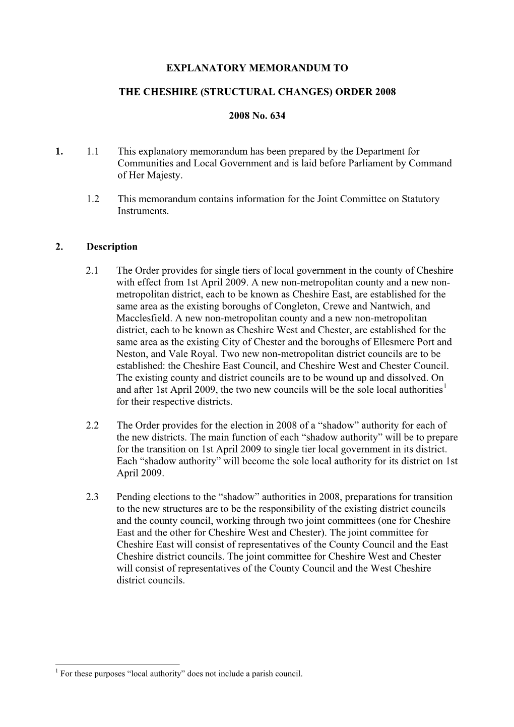 Explanatory Memorandum to the Cheshire