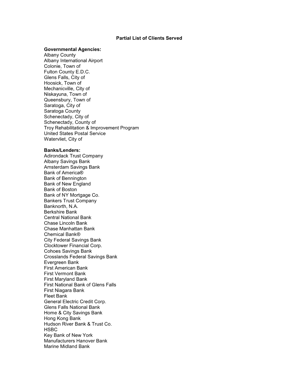 Partial List of Clients Served Governmental Agencies